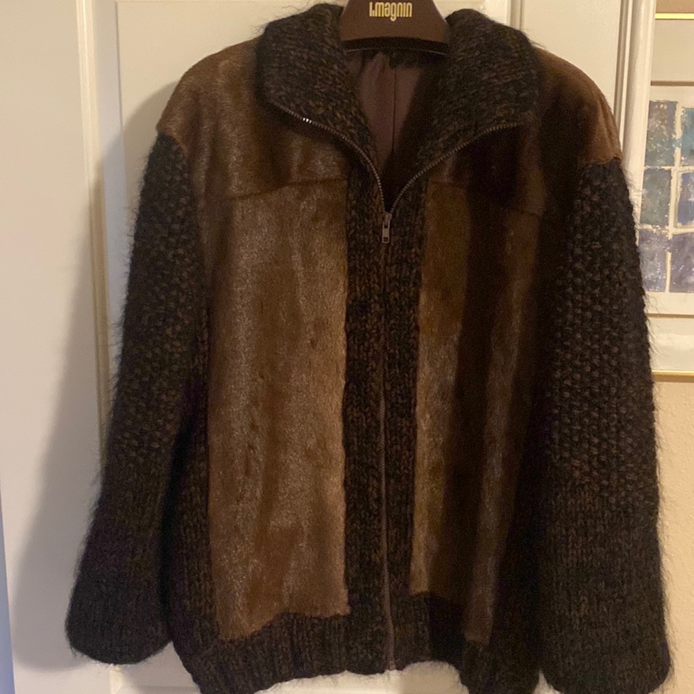 Custom sweater jacket seal combined w hand knit brown M/L
